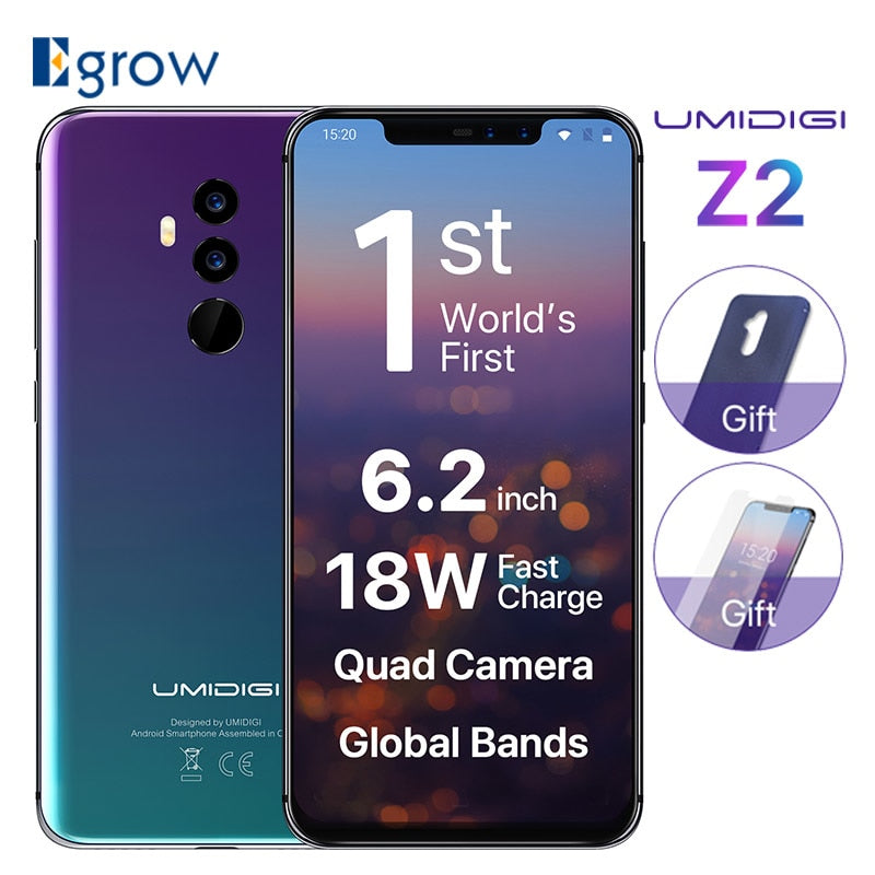 UMIDIGI Z2 Helio P23 6GB RAM 64GB ROM Mobile Phone 6.2" FHD+ Full Screen Quad Camera Android 8.1 3850mah Face ID 4G Smartphone