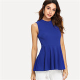 SHEIN Navy Elegant Workwear Sleeveless Peplum Round Neck Solid Pullovers Blouse Summer Women Weekend Casual Shirt Top