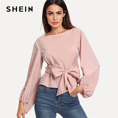 SHEIN  Pearl Beaded Bishop Sleeve Belted Top Pink Boat Neck Long Sleeve Elegant Blouses Women Autumn Plain Female Blouse