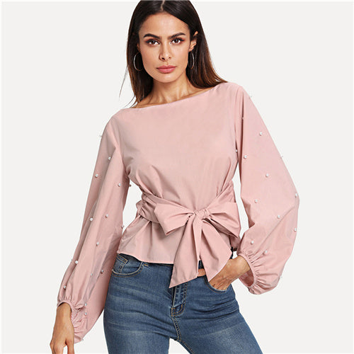 SHEIN  Pearl Beaded Bishop Sleeve Belted Top Pink Boat Neck Long Sleeve Elegant Blouses Women Autumn Plain Female Blouse