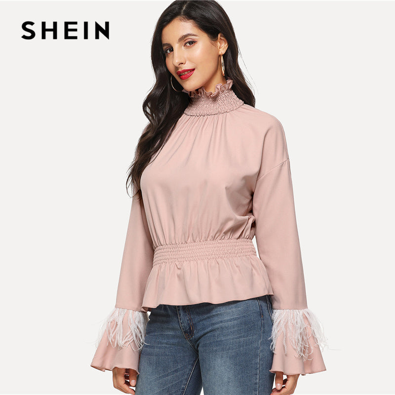 SHEIN Pink Weekend Casual Shirred Neck Faux Feather Cuff Stand Collar Flounce Sleeve Blouse Summer Women Going Out Shirt Top