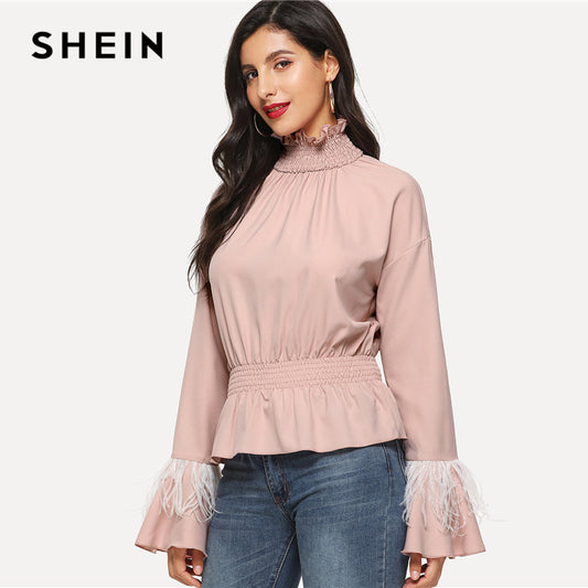 SHEIN Pink Weekend Casual Shirred Neck Faux Feather Cuff Stand Collar Flounce Sleeve Blouse Summer Women Going Out Shirt Top