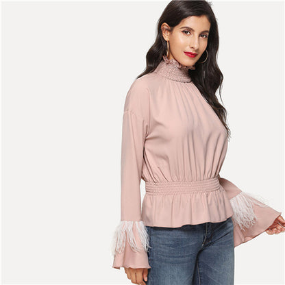 SHEIN Pink Weekend Casual Shirred Neck Faux Feather Cuff Stand Collar Flounce Sleeve Blouse Summer Women Going Out Shirt Top