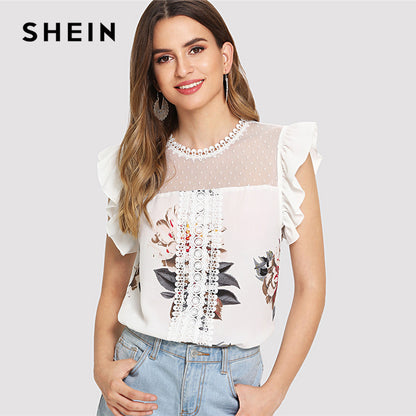 SHEIN Dot Mesh Yoke Lace Applique Ruffle Top Beige Floral Print Round Neck Cap Sleeve Blouse Women Summer Casual Blouses