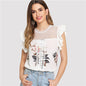 SHEIN Dot Mesh Yoke Lace Applique Ruffle Top Beige Floral Print Round Neck Cap Sleeve Blouse Women Summer Casual Blouses