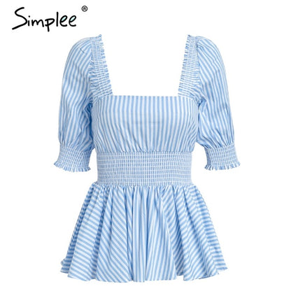 Simplee Stripe square collar women blouse Lantern sleeve elastic waist ruffles loose shirt femme 2018 Spring casual blusas