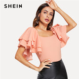 SHEIN Pink Elegant Workwear Office Lady Backless Flutter Sleeve Square Collar Ruffle Solid Blouse Summer Women Casual Shirt Top