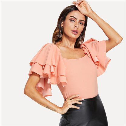 SHEIN Pink Elegant Workwear Office Lady Backless Flutter Sleeve Square Collar Ruffle Solid Blouse Summer Women Casual Shirt Top