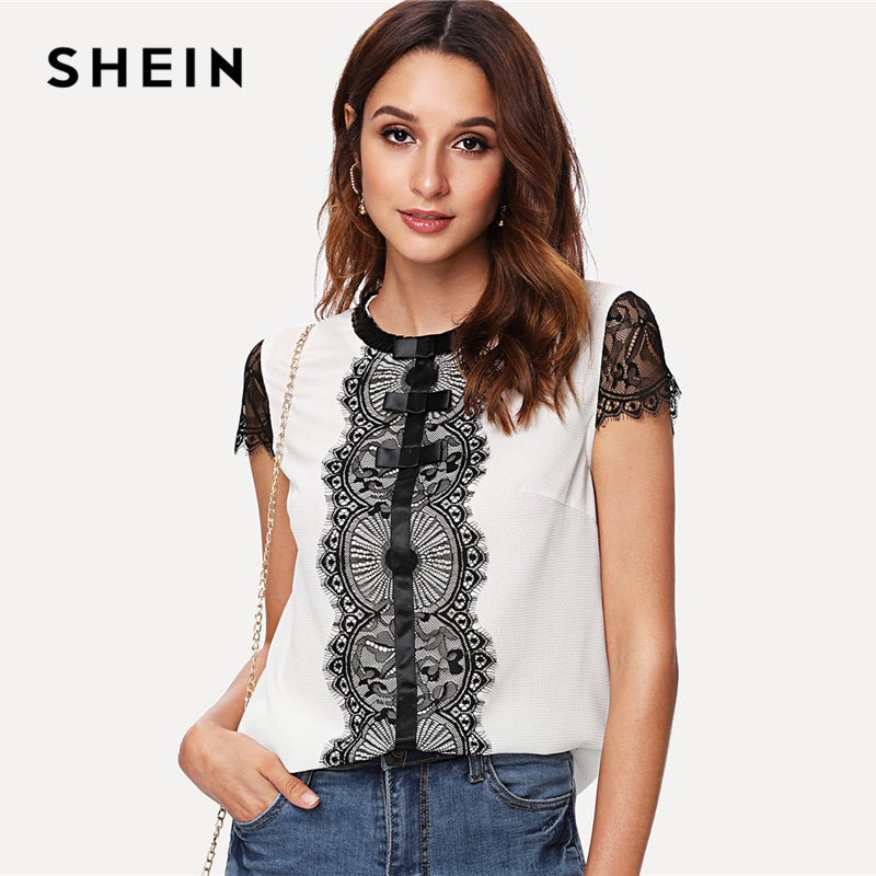 SHEIN Eyelash Lace Trim Bow Embellished Top Black and White Cap Sleeve Button Elegant Blouses Women Summer Pullovers Elegant Top