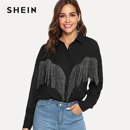 SHEIN Black Elegant Minimalist Workwear Office Lady StreetWear Beading Fringe Embellished Blouse Autumn Women Casual Shirt Top