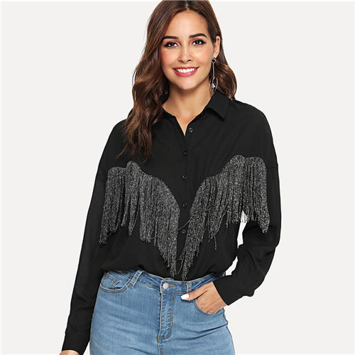 SHEIN Black Elegant Minimalist Workwear Office Lady StreetWear Beading Fringe Embellished Blouse Autumn Women Casual Shirt Top