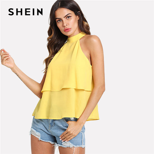 SHEIN Yellow Elegant Two Way Layered Halter Knot Back Solid Blouse Summer Women Weekend Casual Shirt Top