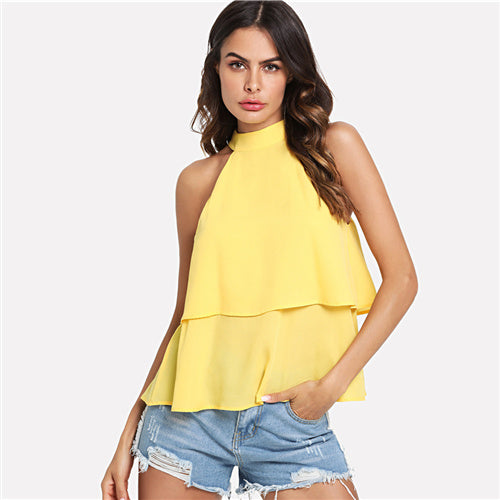 SHEIN Yellow Elegant Two Way Layered Halter Knot Back Solid Blouse Summer Women Weekend Casual Shirt Top