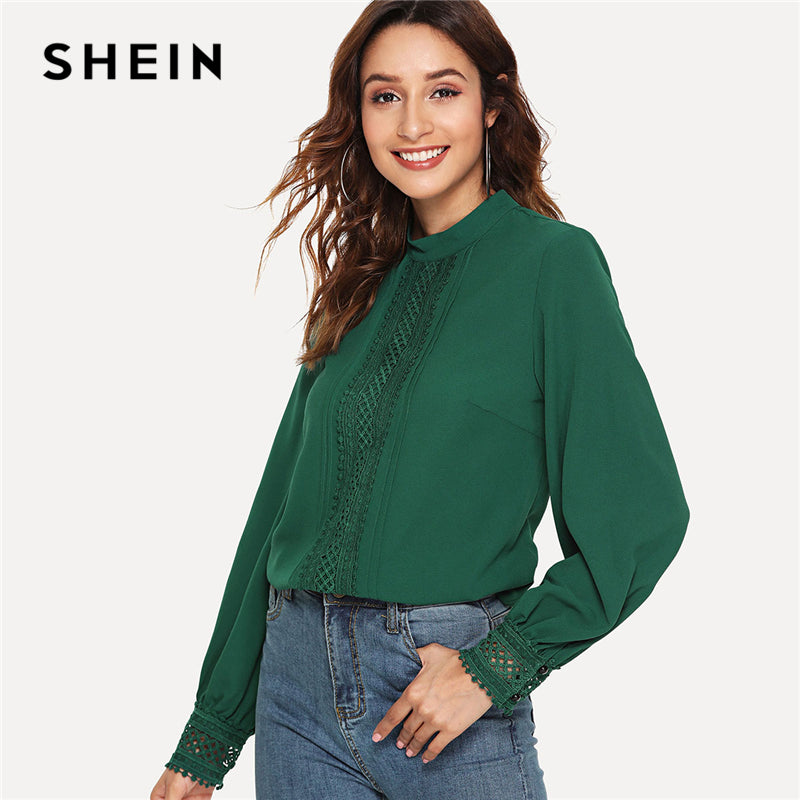 SHEIN Green Elegant Workwear Office Lady Mock Neck Lace Trim Stand Collar Long Sleeve Solid Blouse Autumn Women Casual Shirt Top