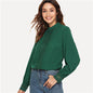 SHEIN Green Elegant Workwear Office Lady Mock Neck Lace Trim Stand Collar Long Sleeve Solid Blouse Autumn Women Casual Shirt Top