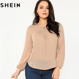 SHEIN Pink Long Lantern Sleeve Polka Dot Plus Size Women Blouse 2018 Autumn Office Lady Casual Round Neck Stretchy Top Blouses