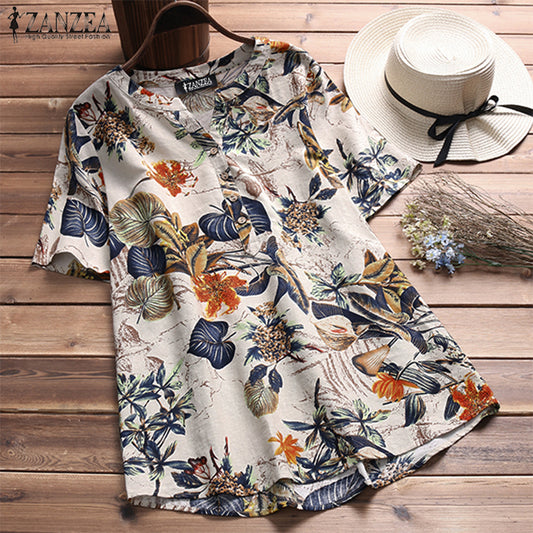 ZANZEA 2018 Summer Blouse Women Short Sleeve V Neck Shirt Vintage Floral Printed Tops Casual Blusas Mini Vestido Plus Size M-5XL