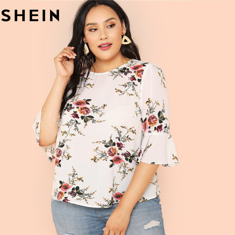 SHEIN Floral Print Ruffle Sleeve O Neck Plus Size Elegant White Blouse Women Casual Three Quarter Sleeves Top Shirts