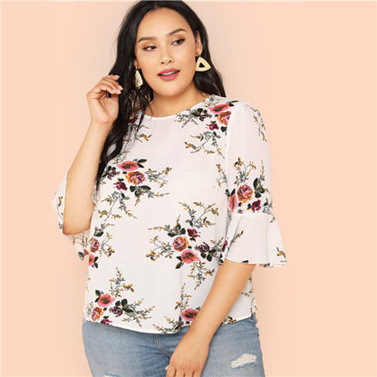 SHEIN Floral Print Ruffle Sleeve O Neck Plus Size Elegant White Blouse Women Casual Three Quarter Sleeves Top Shirts