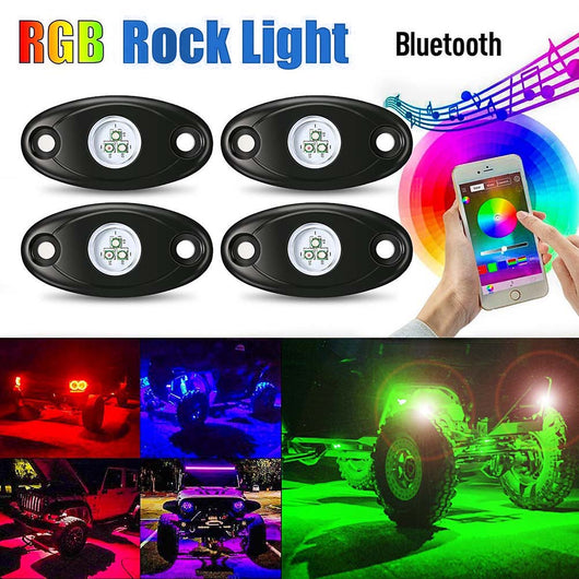 4Pcs Car RGB LED Rock Light Kit Waterproof Trail Rig Neon Lights with Mini Bluetooth Control for Car SUV Boat CSL2018