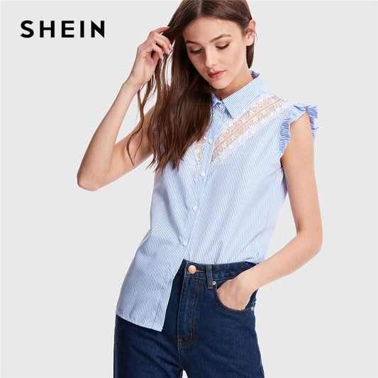 SHEIN Lace Insert Sleeveless Striped Blouse Blue Sleeveless Frill Placket Blouse Women Summer Button Workwear Shirt Blouses