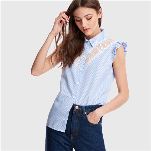 SHEIN Lace Insert Sleeveless Striped Blouse Blue Sleeveless Frill Placket Blouse Women Summer Button Workwear Shirt Blouses