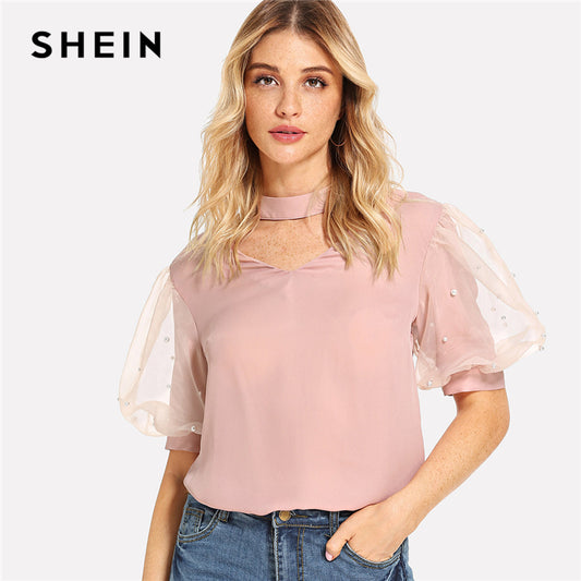 SHEIN Pink Office Lady Minimalist Elegant Cut V Neck Contrast Mesh Pearl Beaded Blouse Summer Modren Women Casual Shirt Top