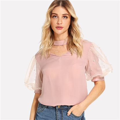 SHEIN Pink Office Lady Minimalist Elegant Cut V Neck Contrast Mesh Pearl Beaded Blouse Summer Modren Women Casual Shirt Top