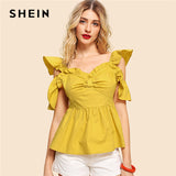 SHEIN Yellow Vintage Elegant Backless Cold Shoulder Ruffle Trim Backless Ruched Sweetheart Blouse Summer Women Casual Shirt Top