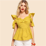SHEIN Yellow Vintage Elegant Backless Cold Shoulder Ruffle Trim Backless Ruched Sweetheart Blouse Summer Women Casual Shirt Top