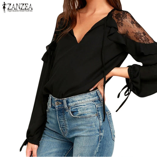 ZANZEA 2018 Summer Women Sexy Deep V Neck Shirt Long Sleeve Ruffles Lace Patchwork Blouse Casual Tops Elegant Blusas Chemise 5XL