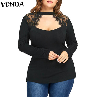 Sexy Women Lace Shirts 2018 Long Sleeve O Neck Blouses Patchwork Casual Loose Solid Hollow Out Tees Tops Plus Size Blusas