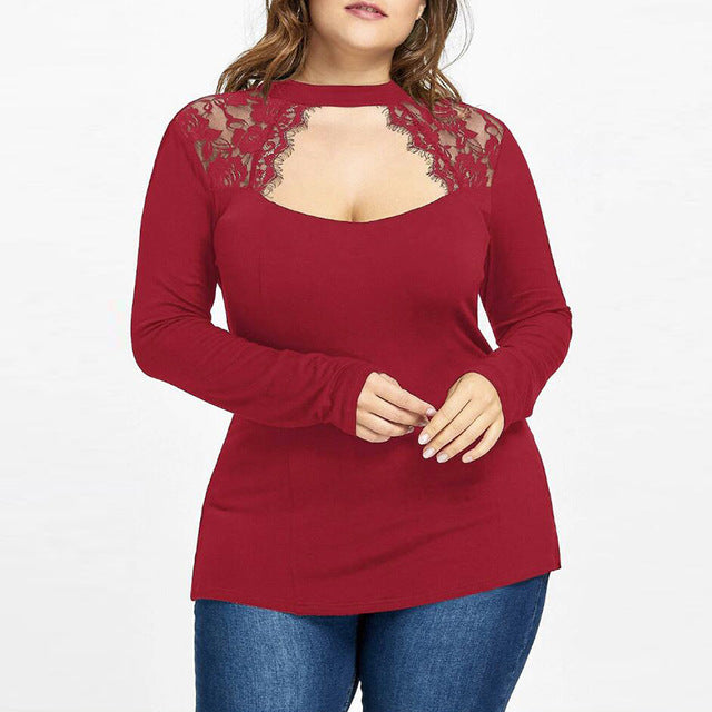 Sexy Women Lace Shirts 2018 Long Sleeve O Neck Blouses Patchwork Casual Loose Solid Hollow Out Tees Tops Plus Size Blusas