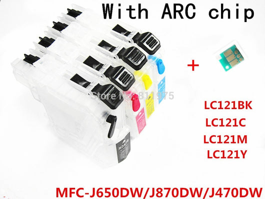 4 color LC121refillable Ink cartridge  Empty for Brother MFC-J650DW/MFC-J870DW/MFC-J470DW printers with permanent chip