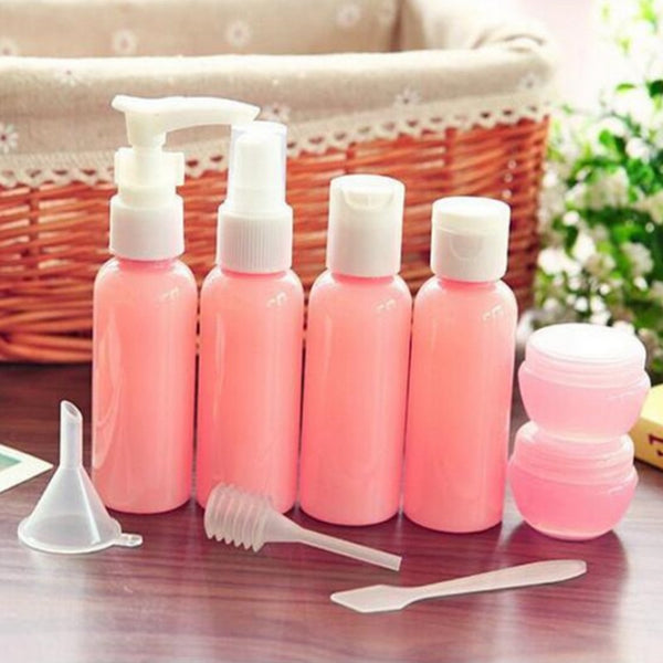 9 pcs/set Pink cosmetics packing bottle set Travel Bathroom Mini Plastic Bottle Makeup fluid spray bottle/Press bottle/mask box