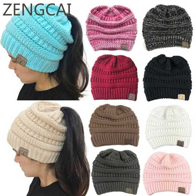 Solid Color CC Ponytail Beanie Hat Women Crochet Knit Cap Winter Skullies Beanies Warm Caps Female Knitted Stylish Hats