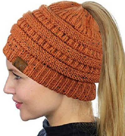 Solid Color CC Ponytail Beanie Hat Women Crochet Knit Cap Winter Skullies Beanies Warm Caps Female Knitted Stylish Hats