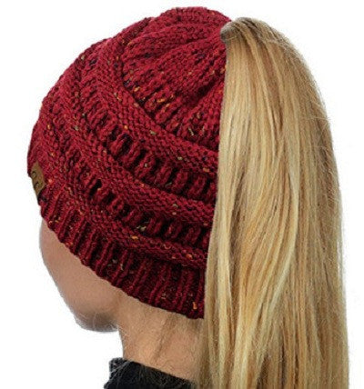 Solid Color CC Ponytail Beanie Hat Women Crochet Knit Cap Winter Skullies Beanies Warm Caps Female Knitted Stylish Hats