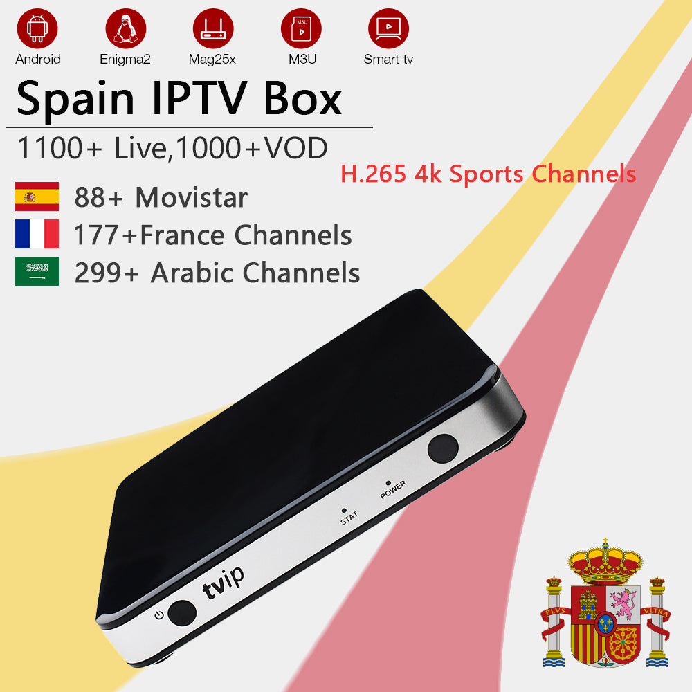 procaja IPTV TVIP 605 Android/Linux Smart TV Box+ 1100+live Mag IPTV subscription spain France Arabic m3u H.265 IP TV KO MAG25X