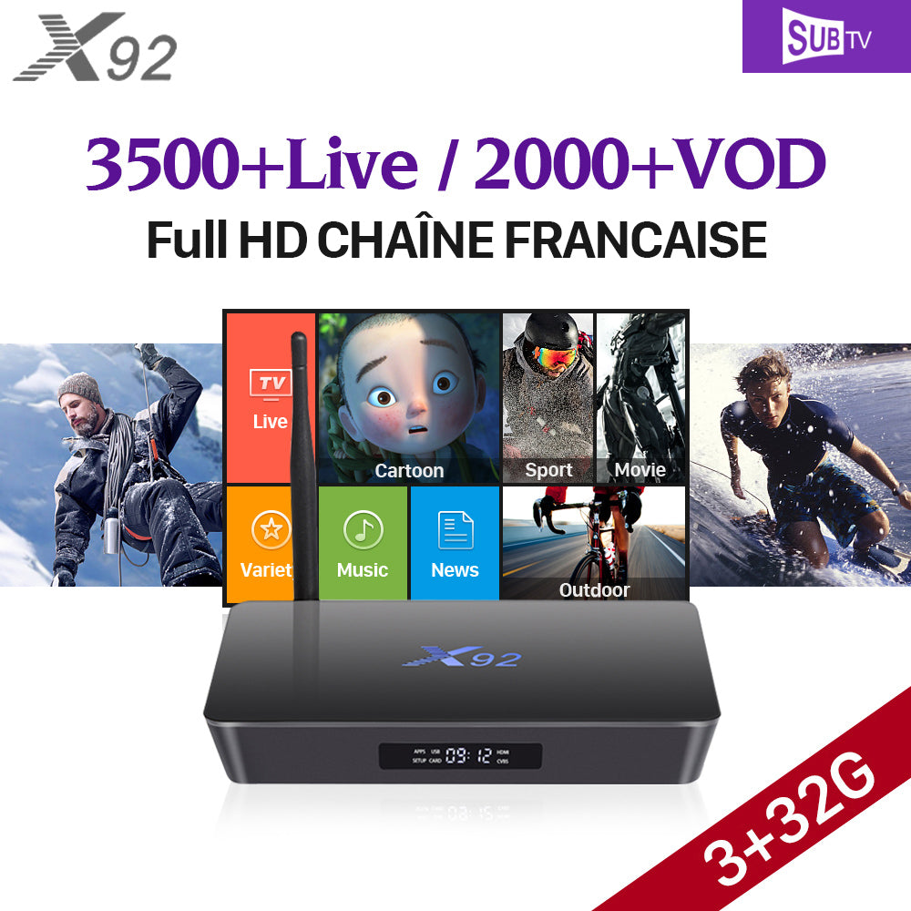IPTV French X92 Android 7.1 Smart TV Box 3GB 32GB S912 SUBTV IPTV Code 3500 IPTV Europe Spain Canada Arabic IP TV STB Top Box