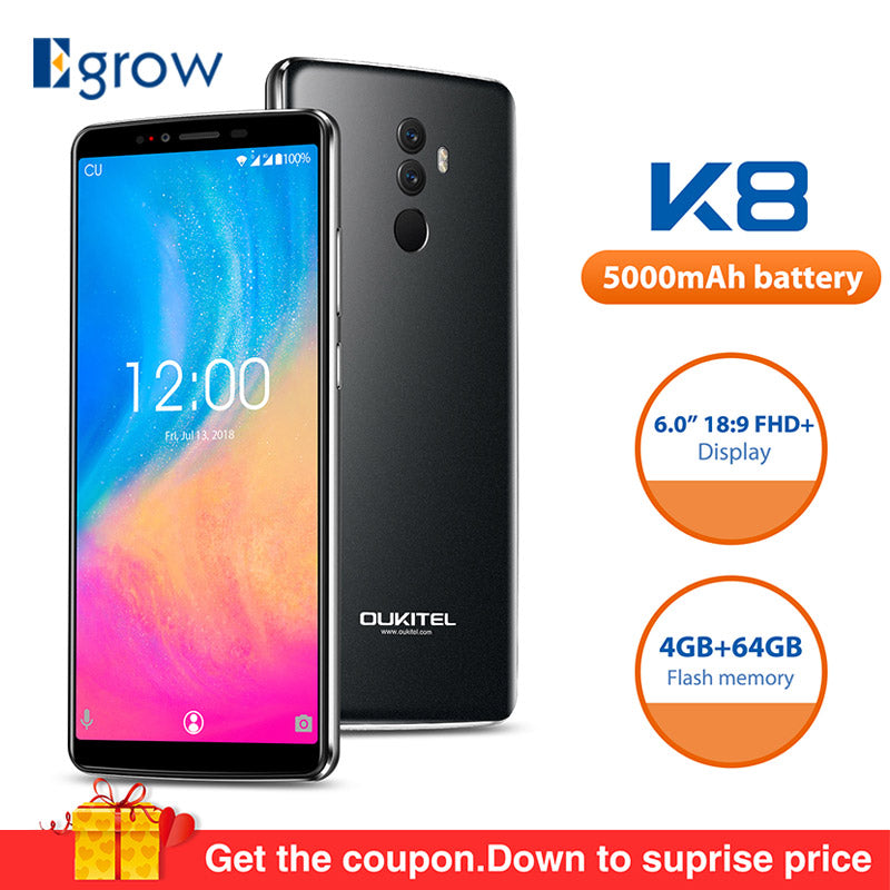 OUKITEL K8 Android 8.0 6.0" FHD+ 18:9 MTK6750T Octa Core 4G RAM 64G ROM 5000mAh 13.0MP+5.0MP Fingerprint Face ID Smartphone