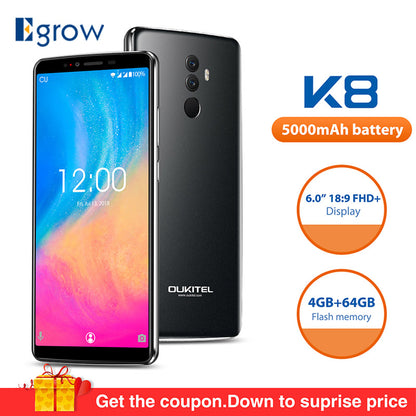 OUKITEL K8 Android 8.0 6.0" FHD+ 18:9 MTK6750T Octa Core 4G RAM 64G ROM 5000mAh 13.0MP+5.0MP Fingerprint Face ID Smartphone