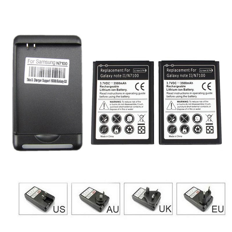 2x 3500mah Note2 Cell Phone Replacement Battery +USB Wall Charger for Samsung Galaxy Note 2 II GT-N7100 N7100 High Capacity