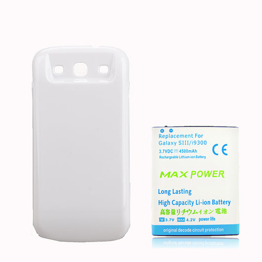 For Samsung Galaxy S3 SIII I9300 Phone Replacement Extended Backup Thicker 4500mAh Battery Bateria+ Back Cover Case White