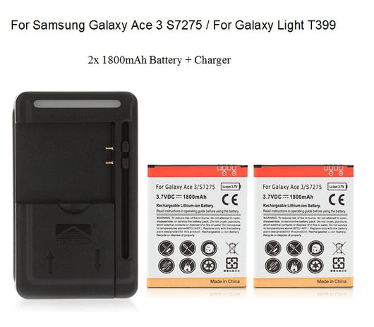 Guaranteed 100% For Galaxy Ace 3 S7275 2x 1800mAh Replacement Battery For Samsung For Galaxy Light T399+ USB Wall Charger