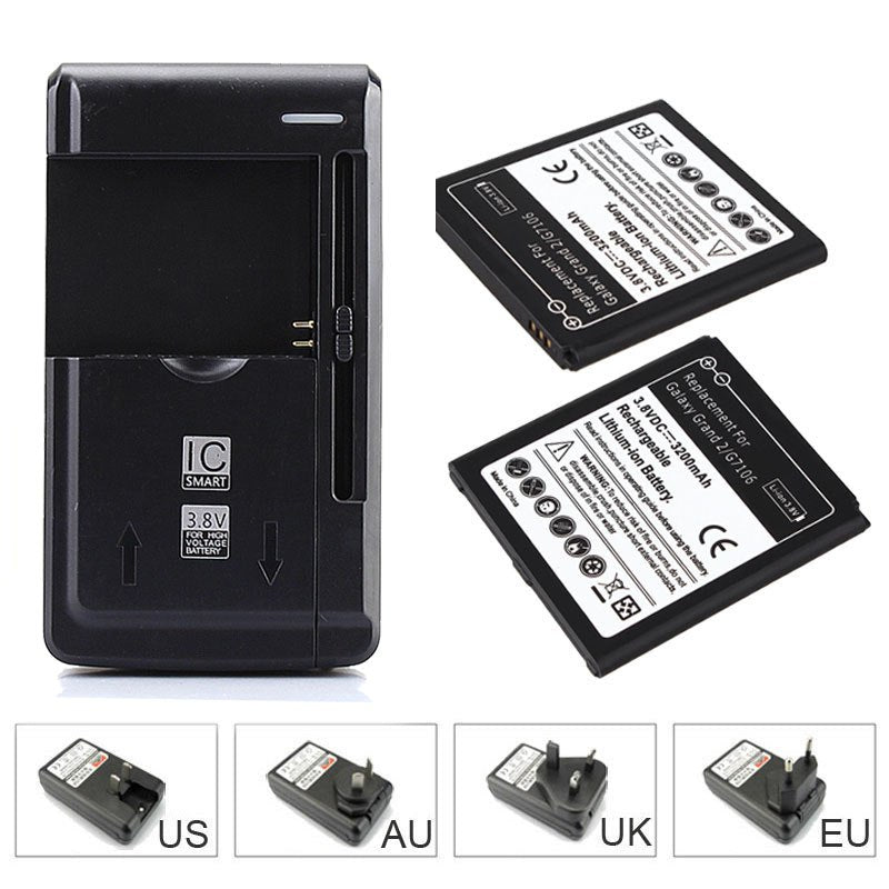 2pcs 3200mAh Replacement Li-ion Battery with Wall Charger For Samsung Galaxy Grand 2 G7106 Mobile Phone Bateria