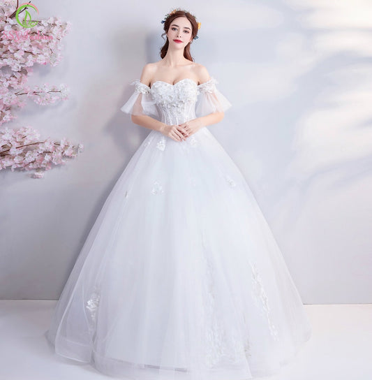 SSYFashion New White Lace Wedding Dress The Bride Married Romantic Sweetheart Appliques Beading Floor-length Wedding Gown