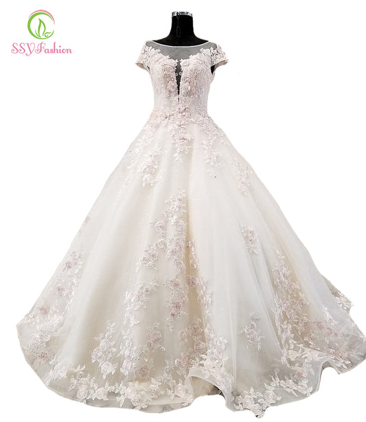 SSYFashion New Luxury Wedding Dress High-end Pink Lace Flower Appliques Beading Floor-length Bride Wedding Gown Vestido De Noiva