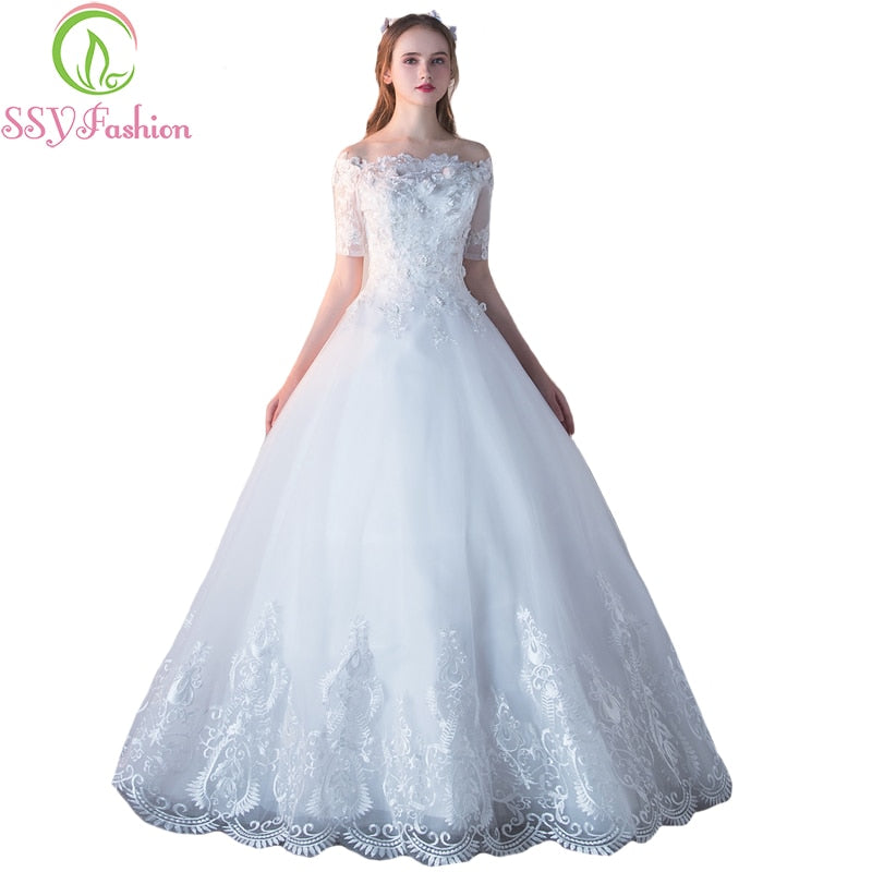 SSYFashion New Luxury Wedding Dress The Bride Married Boat Neck Short Sleeves Sweet Lace Flower A-line Floor-length Wedding Gown