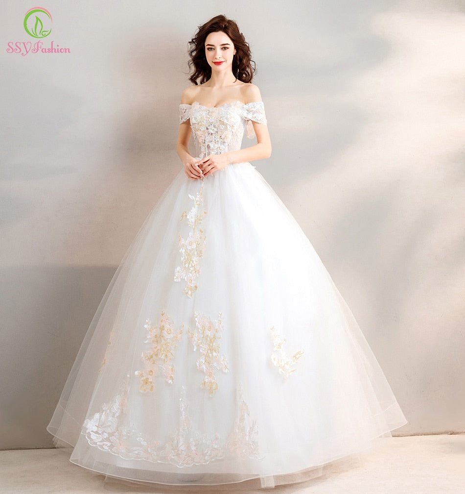 SSYFashion New Wedding Dress The Bride Married Sweetheart Lace Appliques Beading Floor-length Wedding Gown Vestido De Noiva